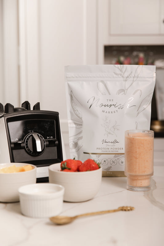 Strawberry and mango Protein Smoothie by the Nourish Market.