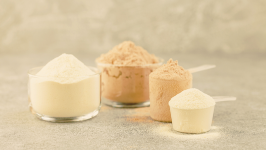 Protein shake powders in various measuring tools.