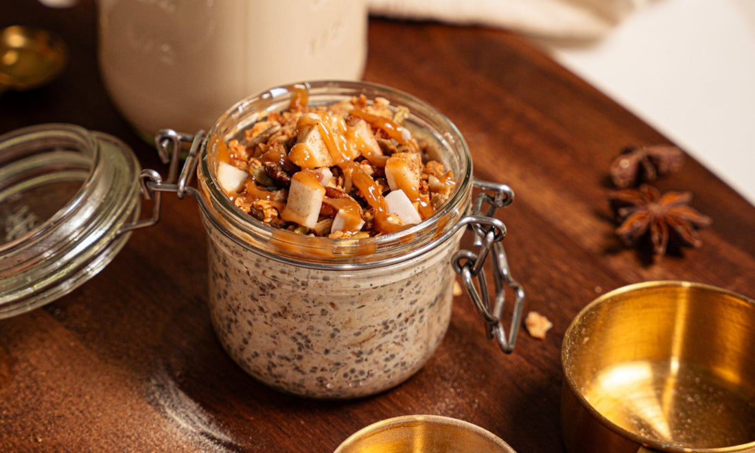 Overnight Oatmeal with added protein powder and apples.