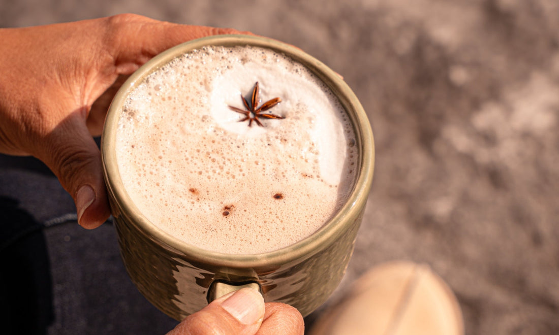 A close up ofa mug of protein hot chocolate, perfect for the autumn weather.
