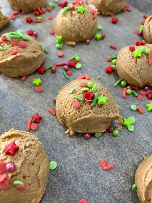 Holiday Sugar cookie Protein balls Dough Picture on Baking Sheet Festive Added Protein